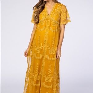 PinkBlush Mustard Lace Mesh Maternity Maxi Dress S